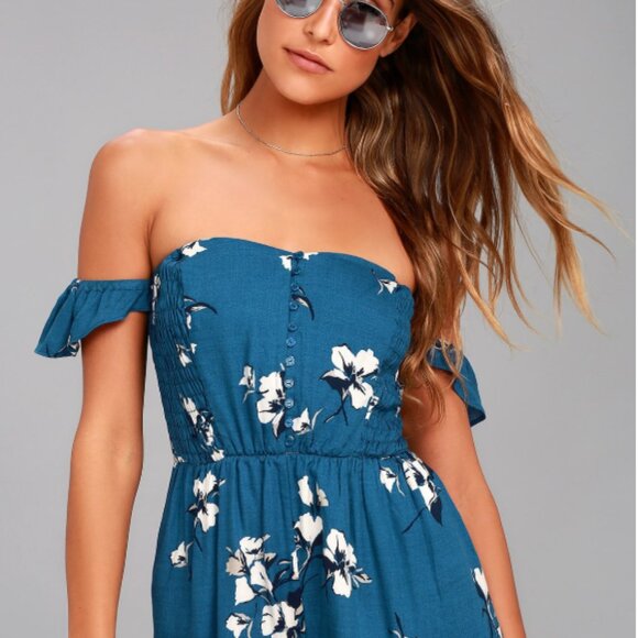 ✨NWT✨ LUSH Exploring Florence Blue Floral Print Off-the-Shoulder Romper - Picture 1 of 15